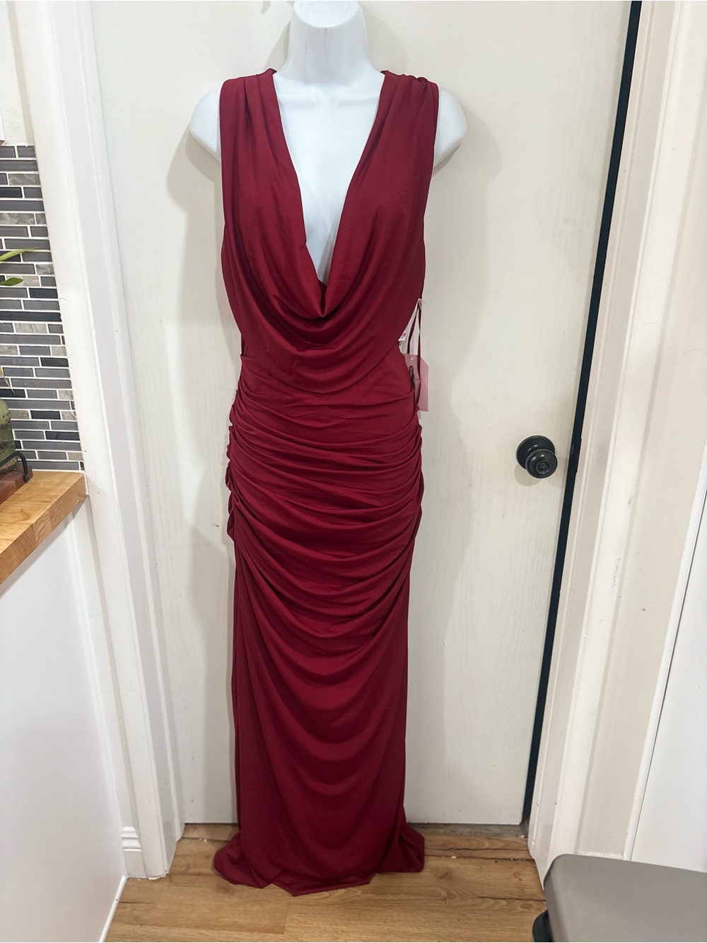 Sleeveless Draped Burgundy Maxi Dress